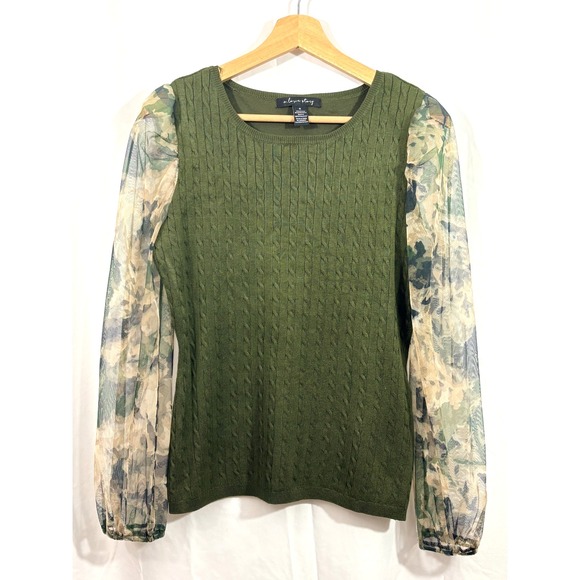 A Love Story Sweaters - Women's Green Sweater Sheer Floral Long Sleeves, Rayon Blend-Feminine, Size M